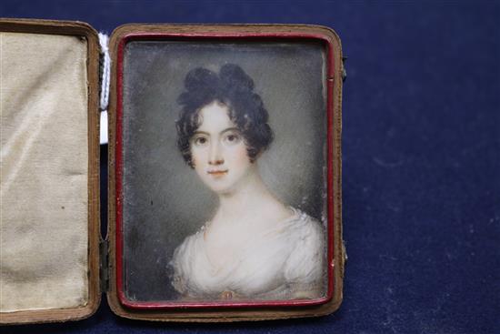 English School c.1830, portrait miniature of Maria Rochfort neé Norton on ivory, 7.3 x 5.6cm, cased